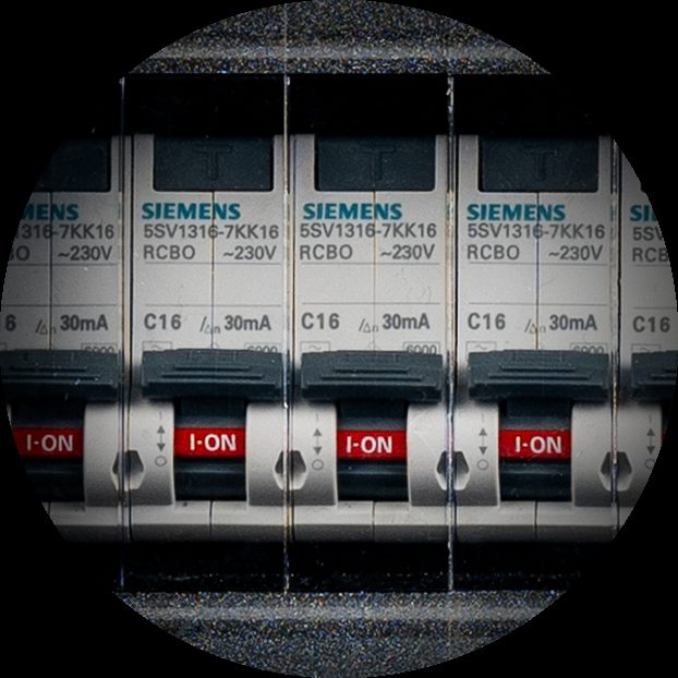 Row of Siemens C16 RCBOs with 30 mA residual current protection markings.