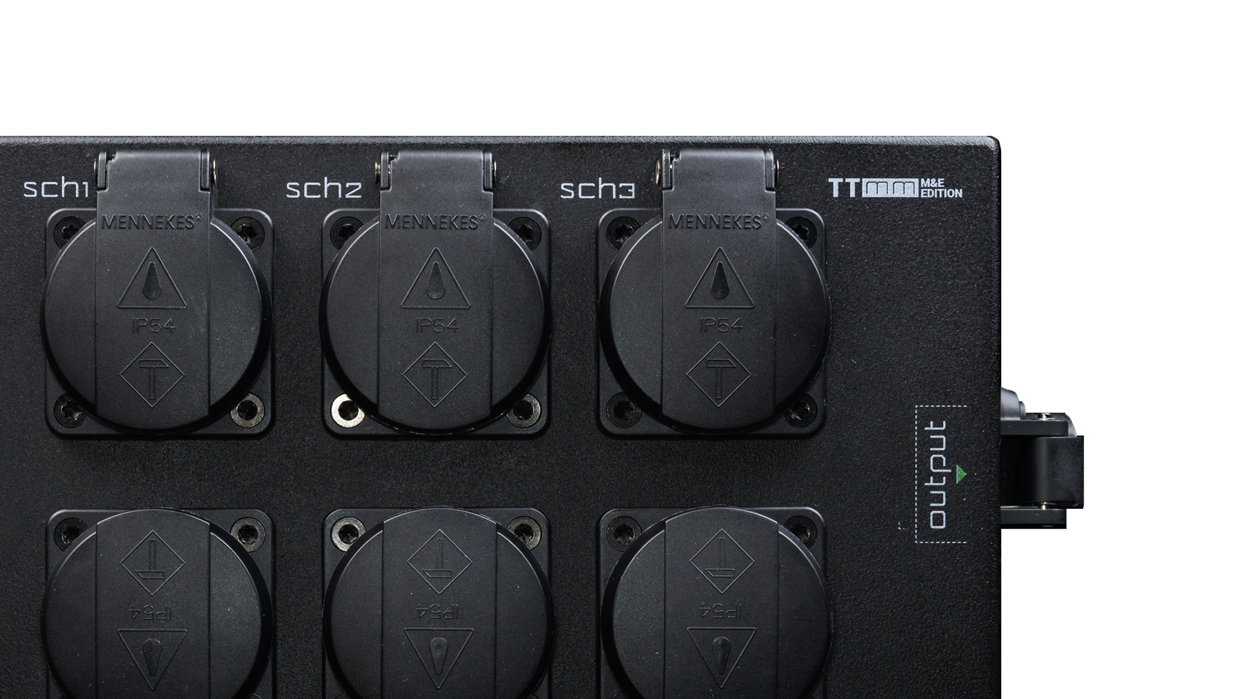 Modular PDU with covered Schuko sockets and channel indicator lights.