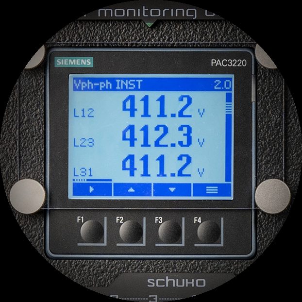 Siemens PAC3220 power monitor displaying three line-to-line voltages.